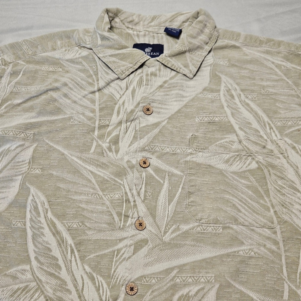 Caribbean Joe Silk Shirt Men XL Green Tropical Palm Leaf Button Down Aloha Beach
